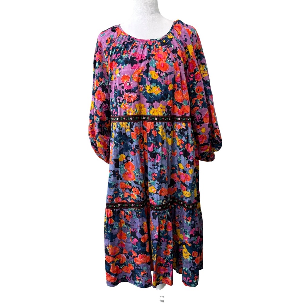 Anthropologie Mabel Tiered Mini Dress Women Medium Purple Floral Boho 3/4 Sleeve